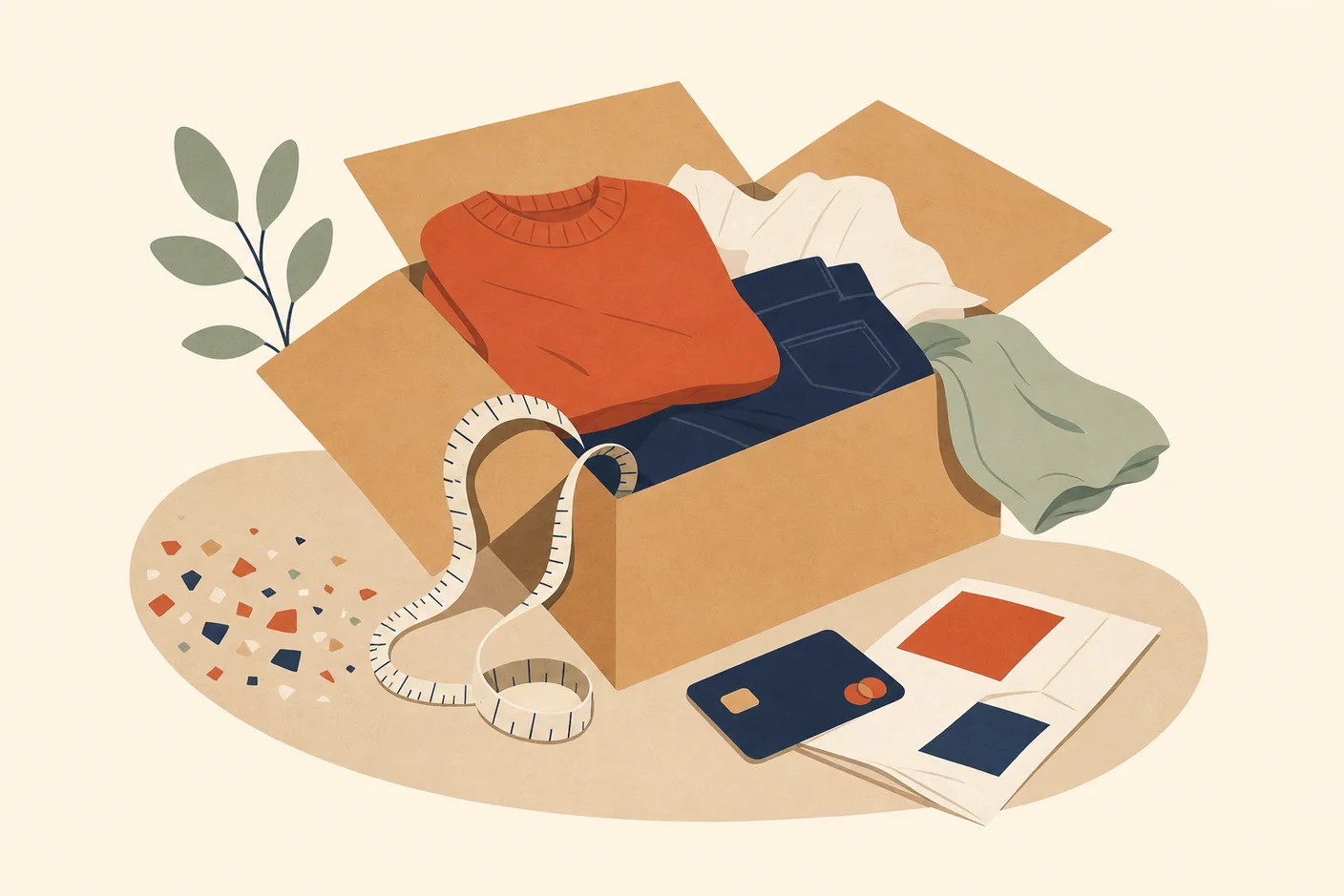 Illustration of an opened parcel box on a floor with folded clothing and a coiled measuring tape spilling out, a payment card and a folded return label lying beside it