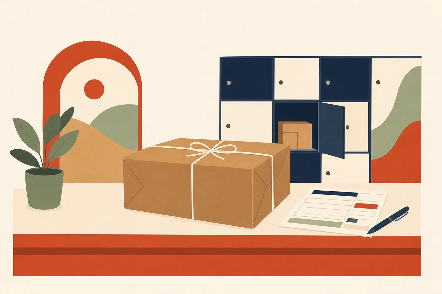 Illustration of a wrapped brown parcel on a post-office counter with a waybill form and a pen beside it, a row of numbered pickup lockers in the background
