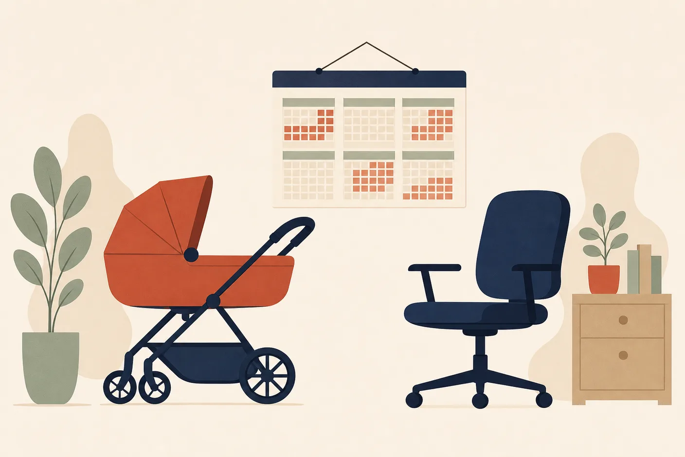 Illustration of a baby stroller parked beside an empty office chair, a wall calendar with several months shaded