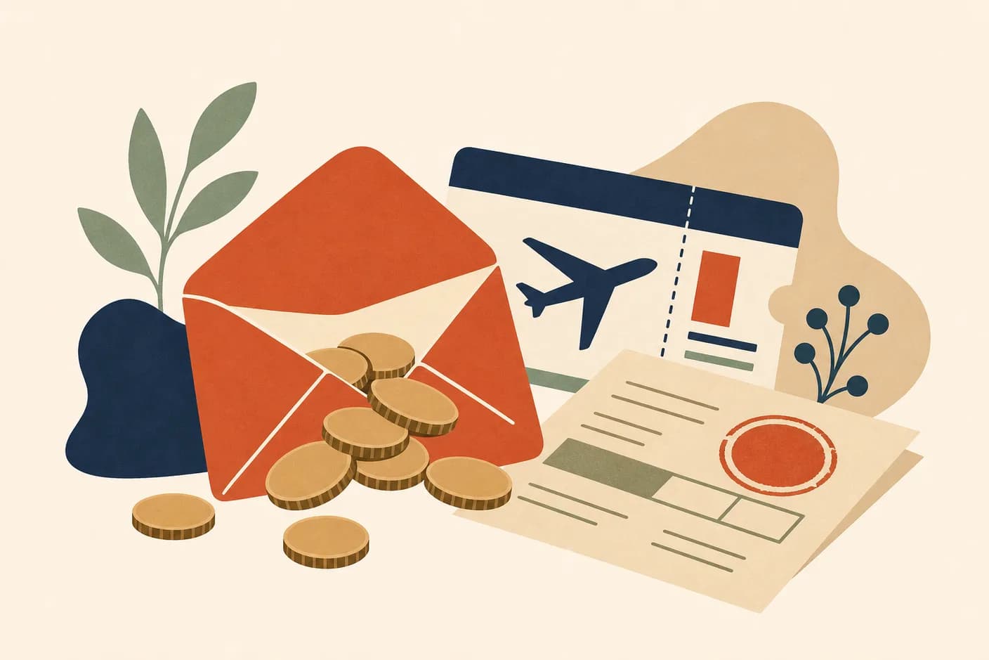 Illustration of an envelope spilling coins beside a boarding pass and a stamped form