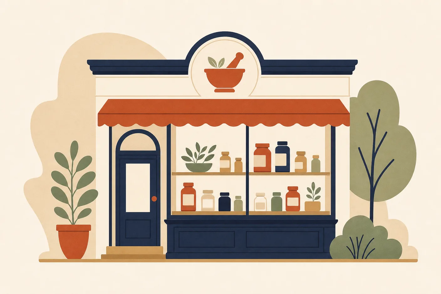 Illustration of a pharmacy storefront with a mortar-and-pestle emblem, pill bottles lined in the window