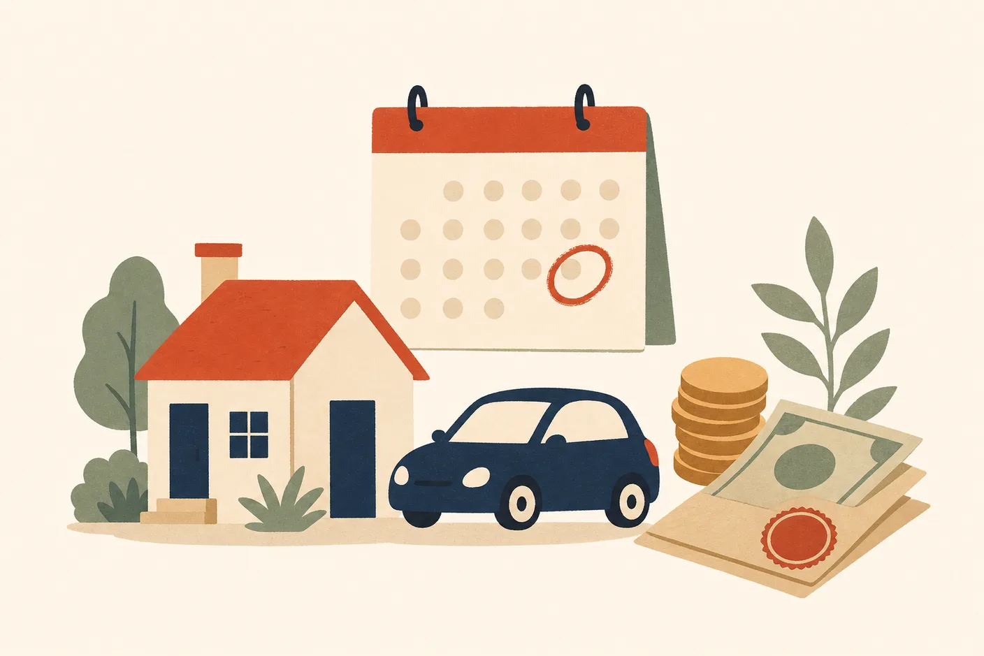 Illustration of a small house and a small car side by side, a calendar page with a single day circled above them, a stack of coins and a folded bill with a round official stamp resting nearby