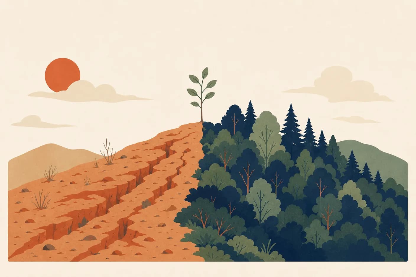 Illustration of a hillside split down the middle, bare eroded soil on one side and dense forest on the other, a single sapling growing at the seam between them