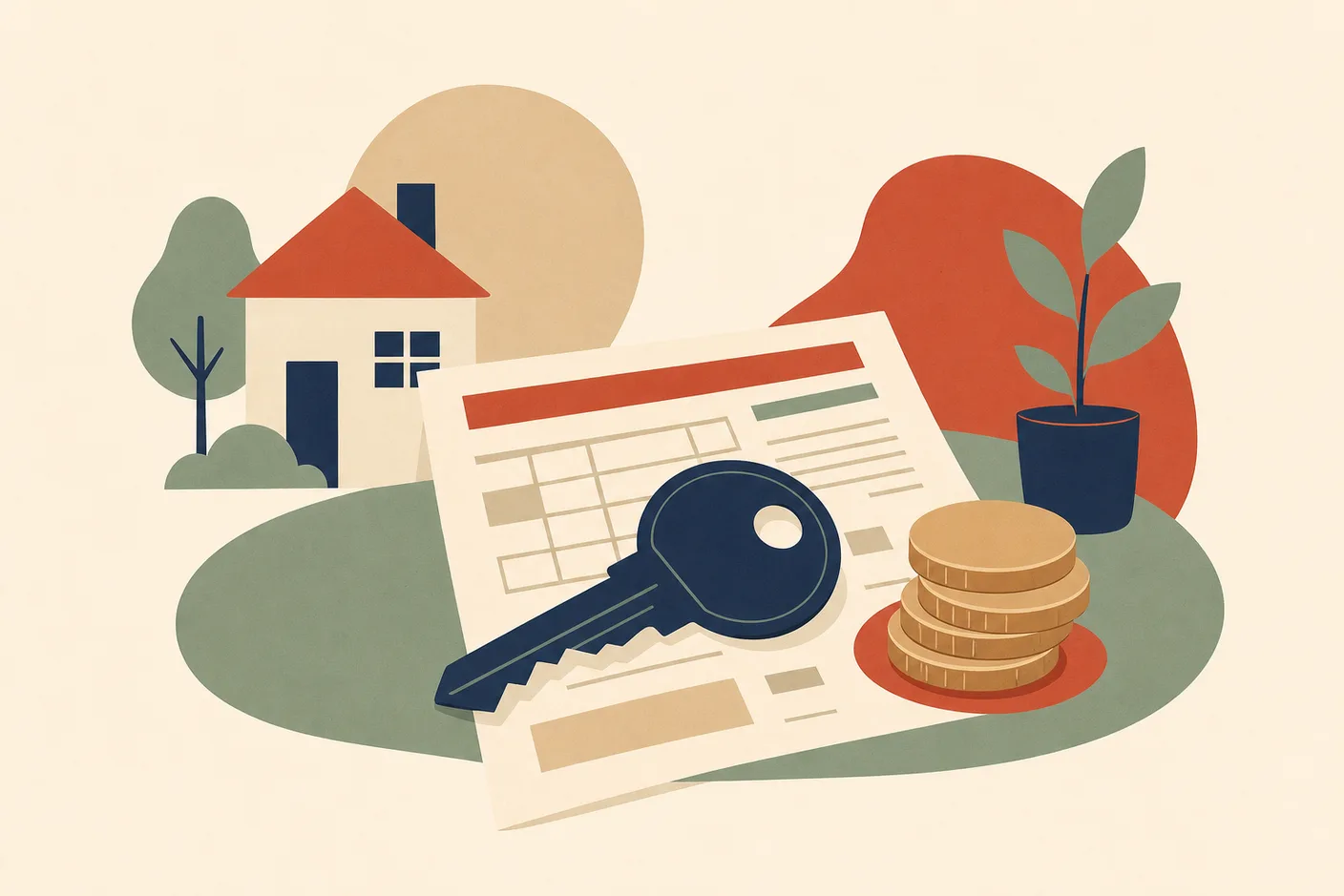 Illustration of a house key lying on a tax form with a small returned stack of coins beside it
