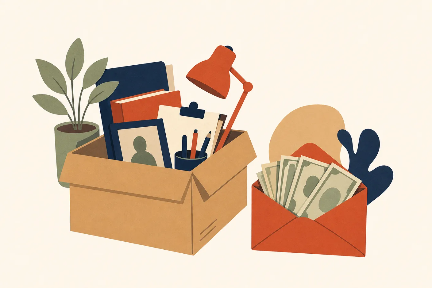 Illustration of a cardboard box of desk belongings next to an envelope thick with banknotes