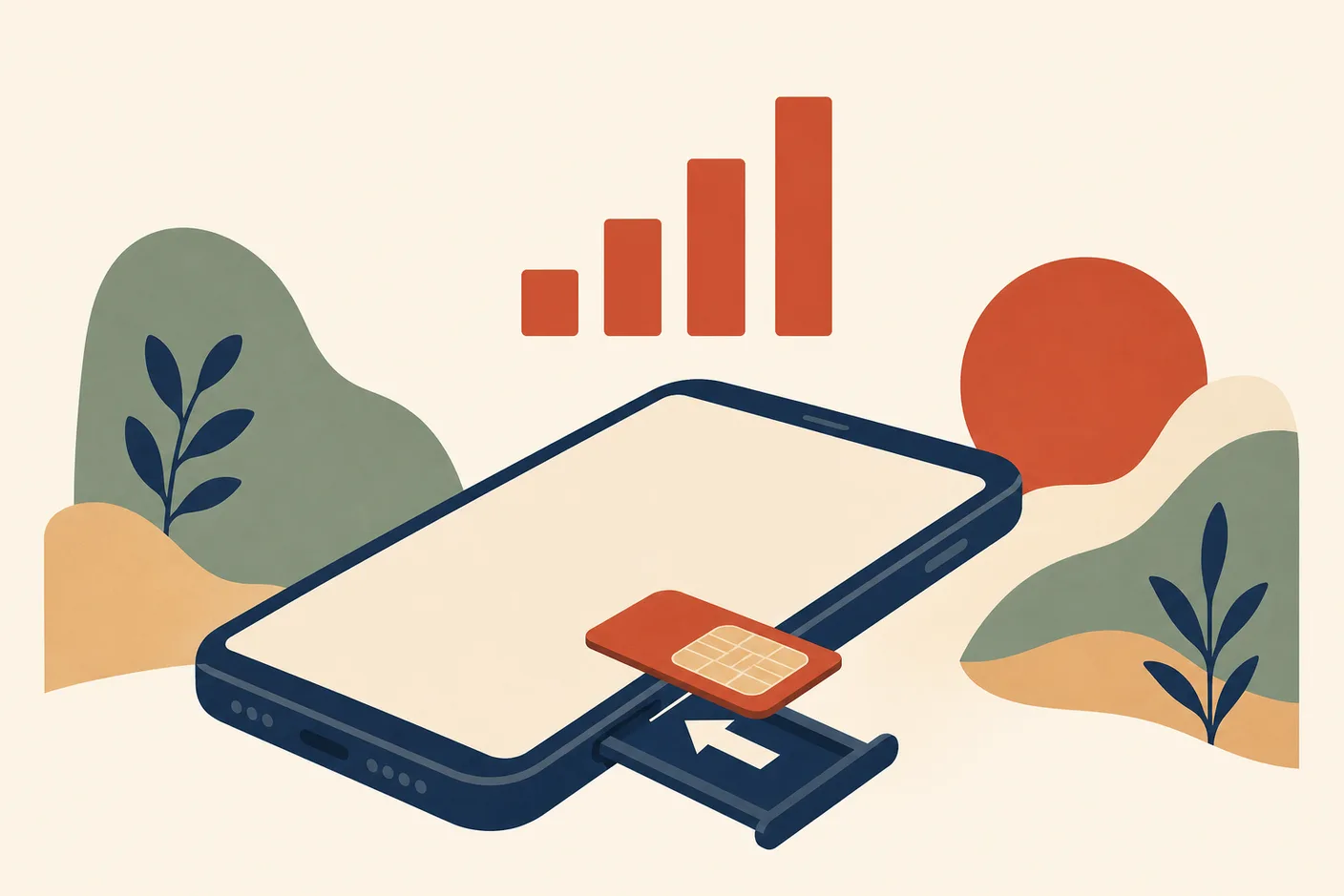 Illustration of a smartphone with a SIM card sliding into its tray, rising signal bars floating above