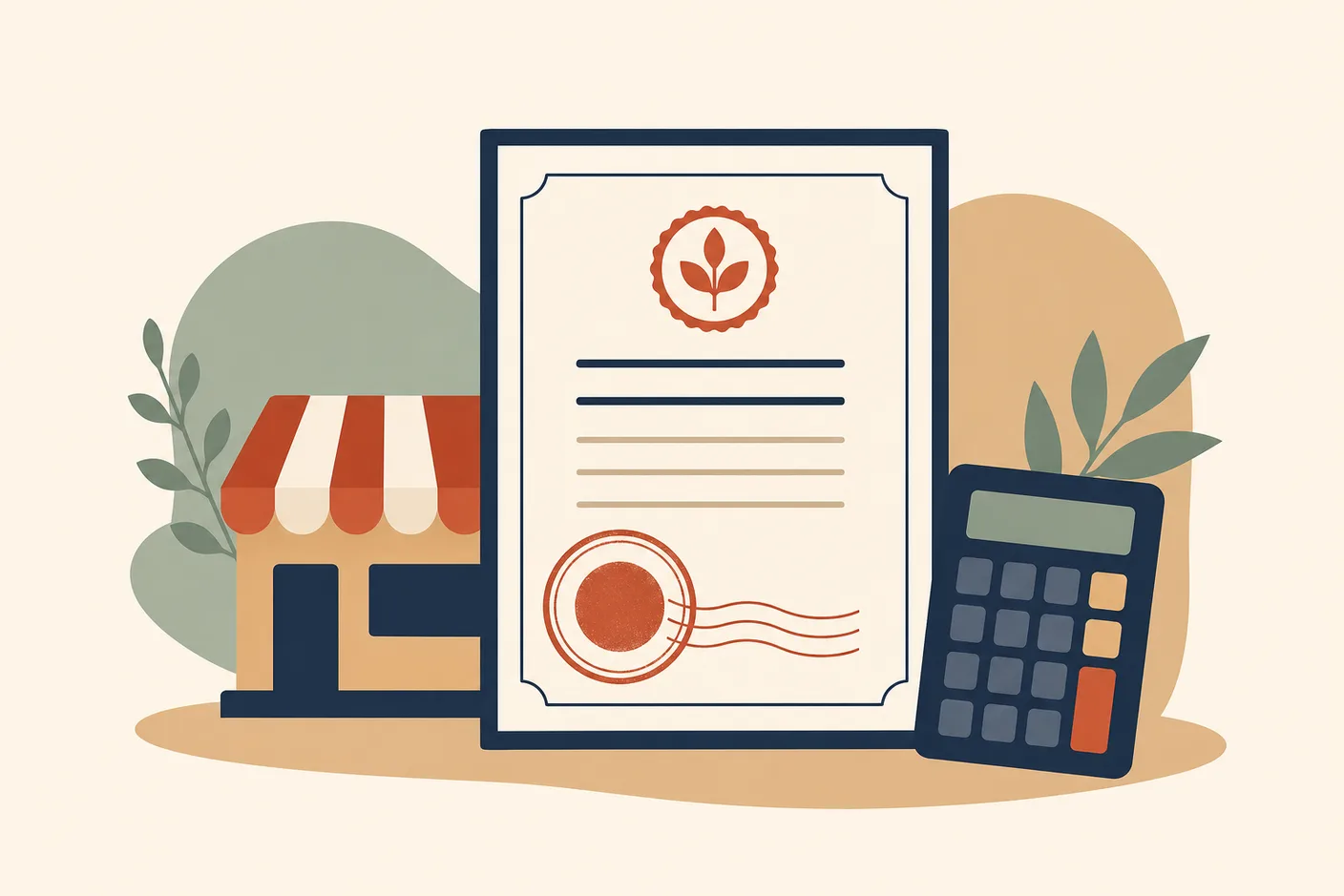 Illustration of a business registration certificate document with an official round stamp, a small storefront awning and a calculator beside it