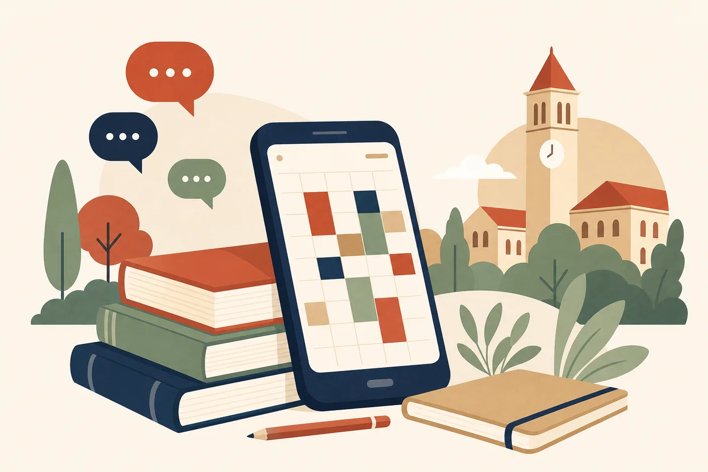 Illustration of a smartphone leaning against a stack of textbooks with an abstract timetable grid glowing on screen, a campus clock tower and floating chat bubbles in the background
