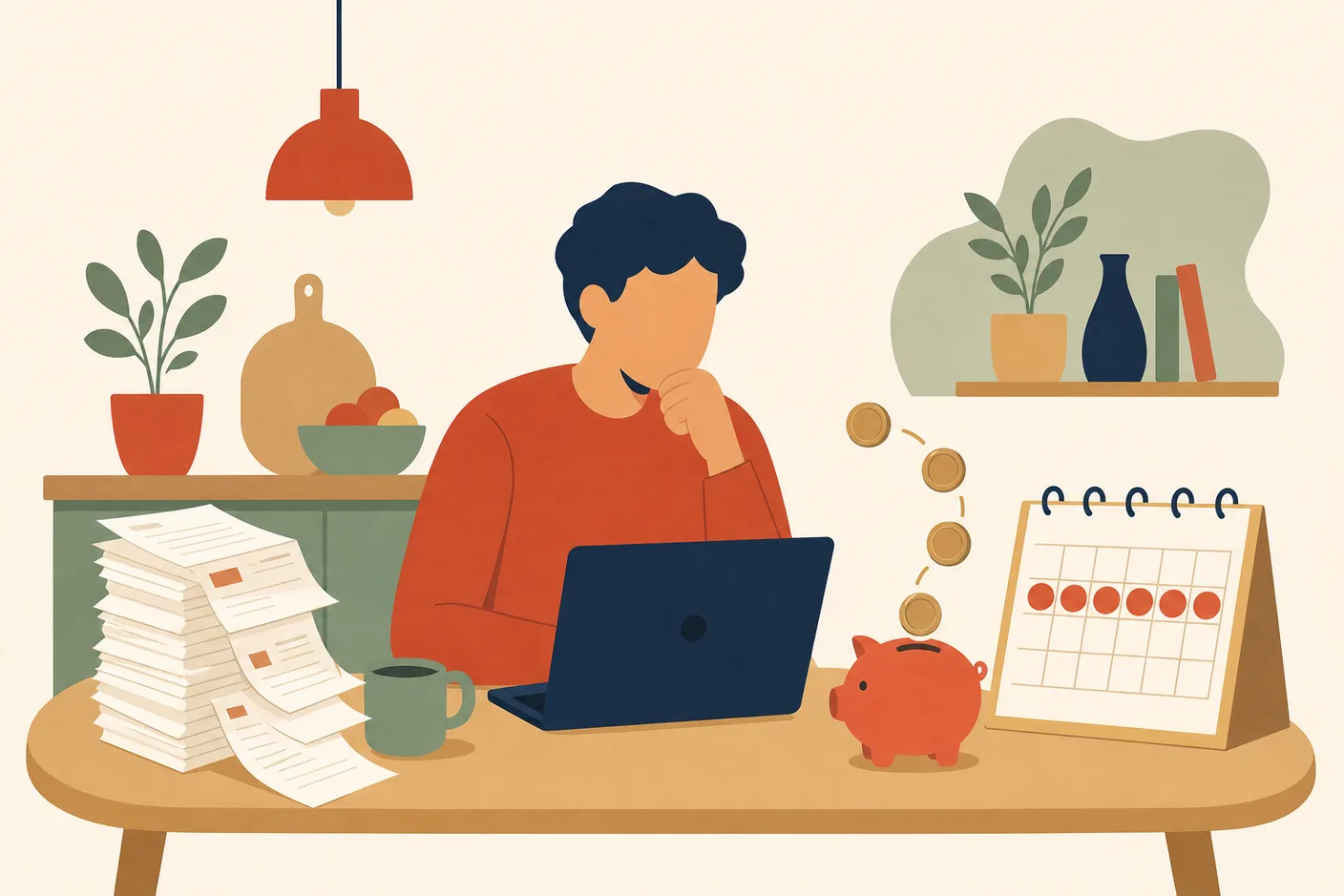 Illustration of a young worker at a laptop on a kitchen table with a stack of past-year pay receipts, a calendar with five years marked, and coins flowing back into a small piggy bank