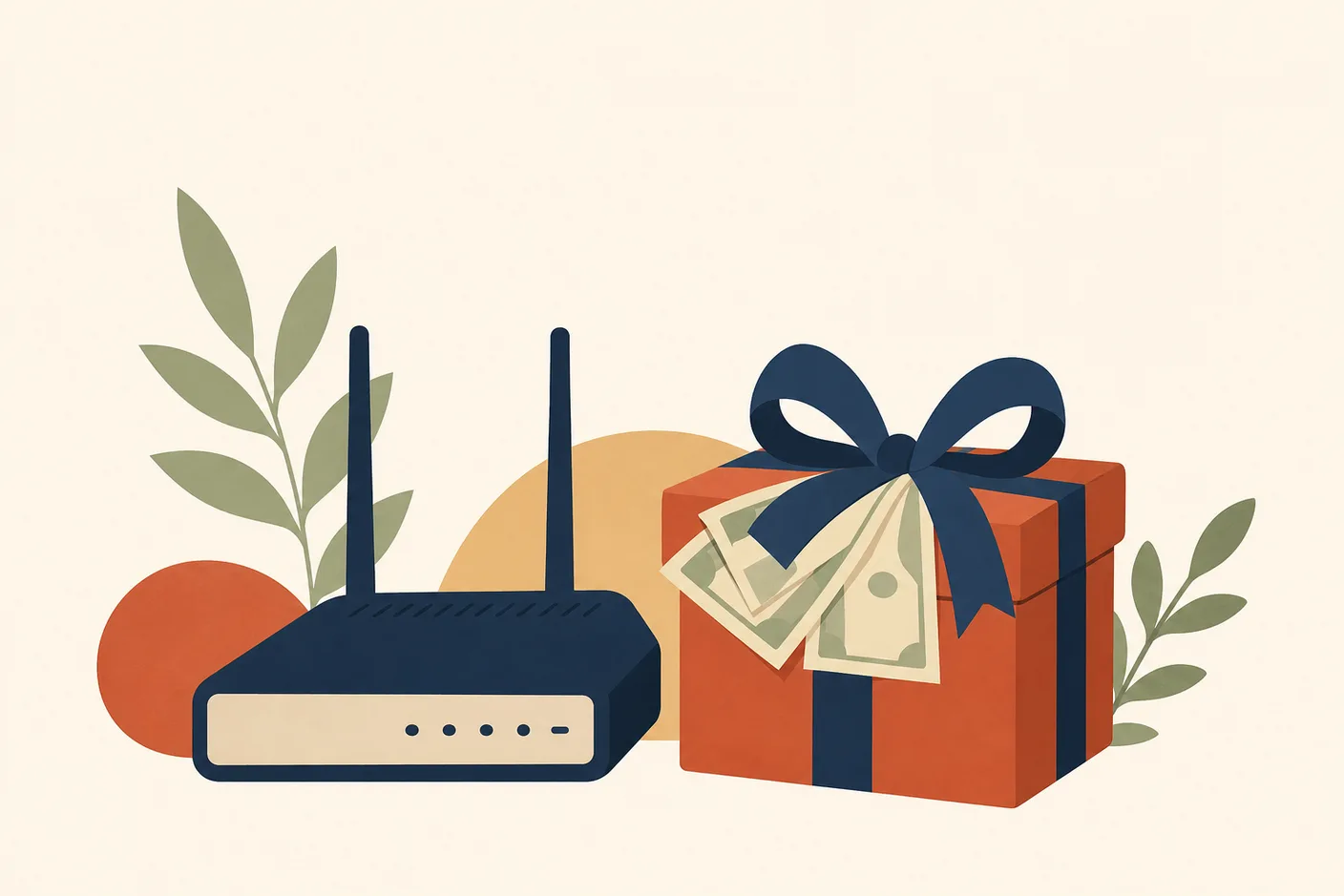 Illustration of a wifi router box next to a ribbon-tied gift box with a few banknotes tucked under the bow