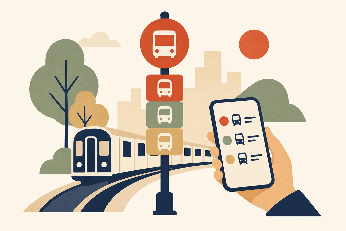 Illustration of a bus stop sign pole with colored route number plates, a subway train curving past behind it and a phone showing arrival times