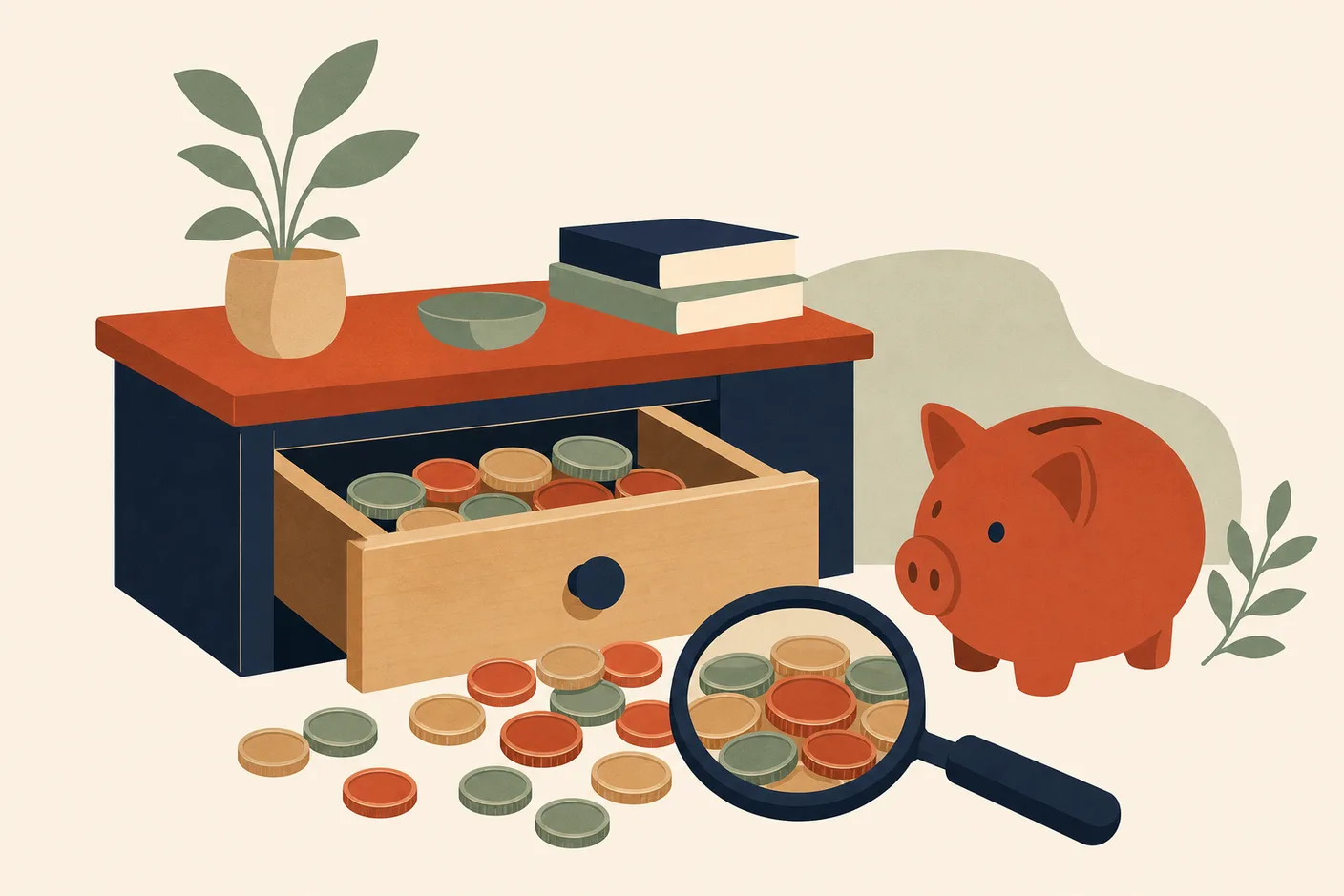 Illustration of an open desk drawer with coins spilling out, a magnifying glass revealing more coins, a piggy bank waiting beside it