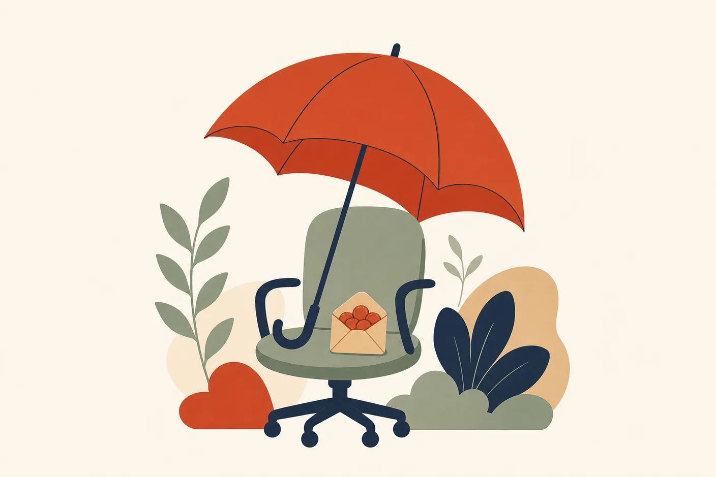 Illustration of an umbrella held open over an empty office chair, a small envelope of coins on the seat