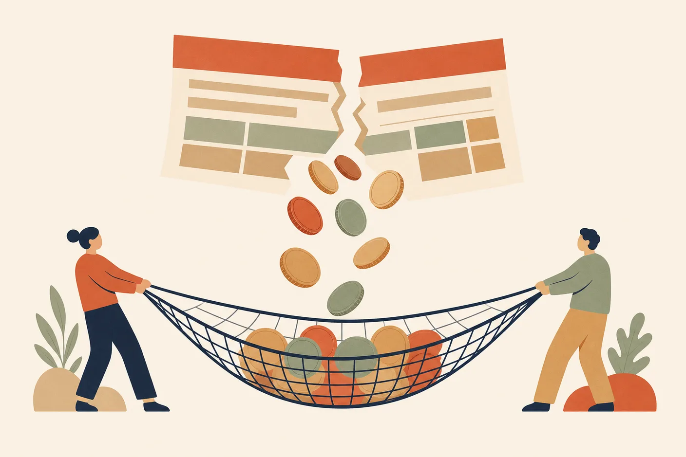 Illustration of a safety net catching falling coins beneath a cracked payslip