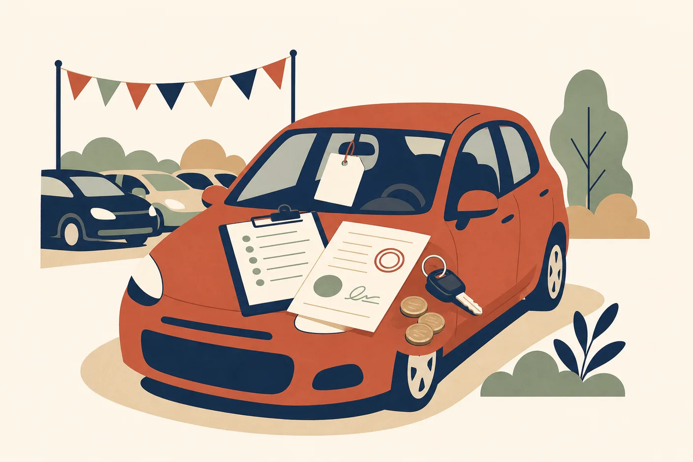 Illustration of a small car on a dealership lot with a blank paper tag on the windscreen, an inspection clipboard and a stamped ownership-transfer document resting on the bonnet, a key on a ring and a few coins beside them