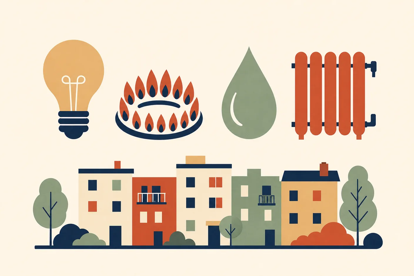 Illustration of a lightbulb, a gas flame ring, a water droplet, and a radiator lined up in a row above an apartment silhouette