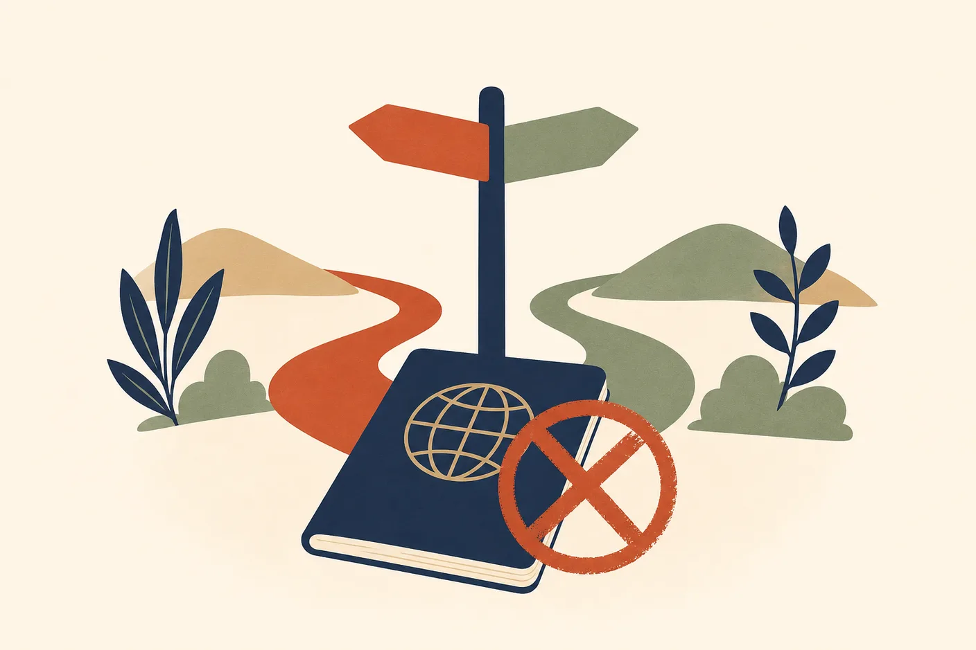 Illustration of a passport beneath a crossed circular stamp, a signpost with two diverging arrow paths rising behind it