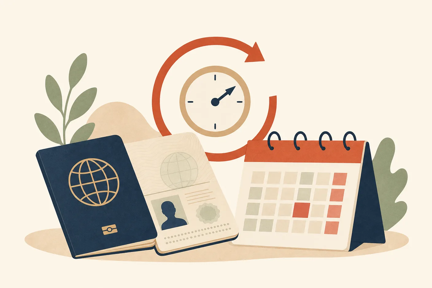 Illustration of a passport lying open beside a calendar page, a circular renewal arrow curving over a small clock, one clock hand pointing forward