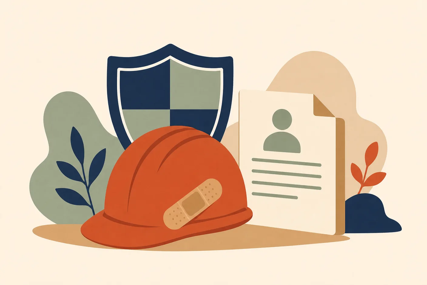 Illustration of a hard hat with a bandage strip beside a shield and a claim document
