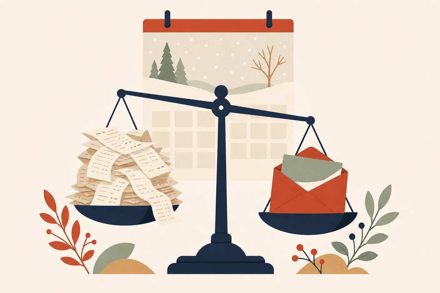 Illustration of a balance scale weighing a pile of receipts against a refund envelope, a winter calendar page behind