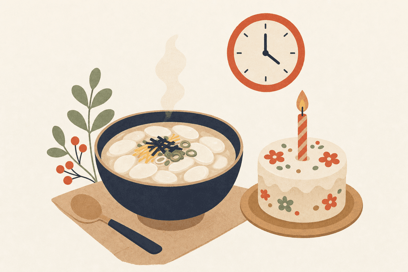 Illustration of rice cake soup, a birthday cake with one candle, and a clock