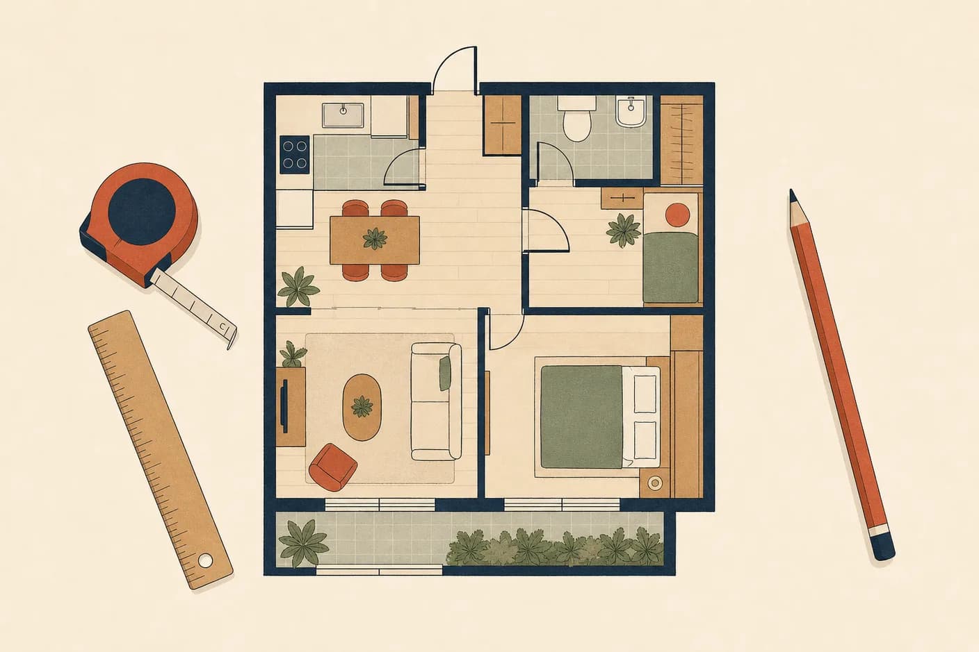 Illustration of a top-down floor plan of a small Korean apartment drawn on paper, with a tape measure, a ruler and a pencil beside it