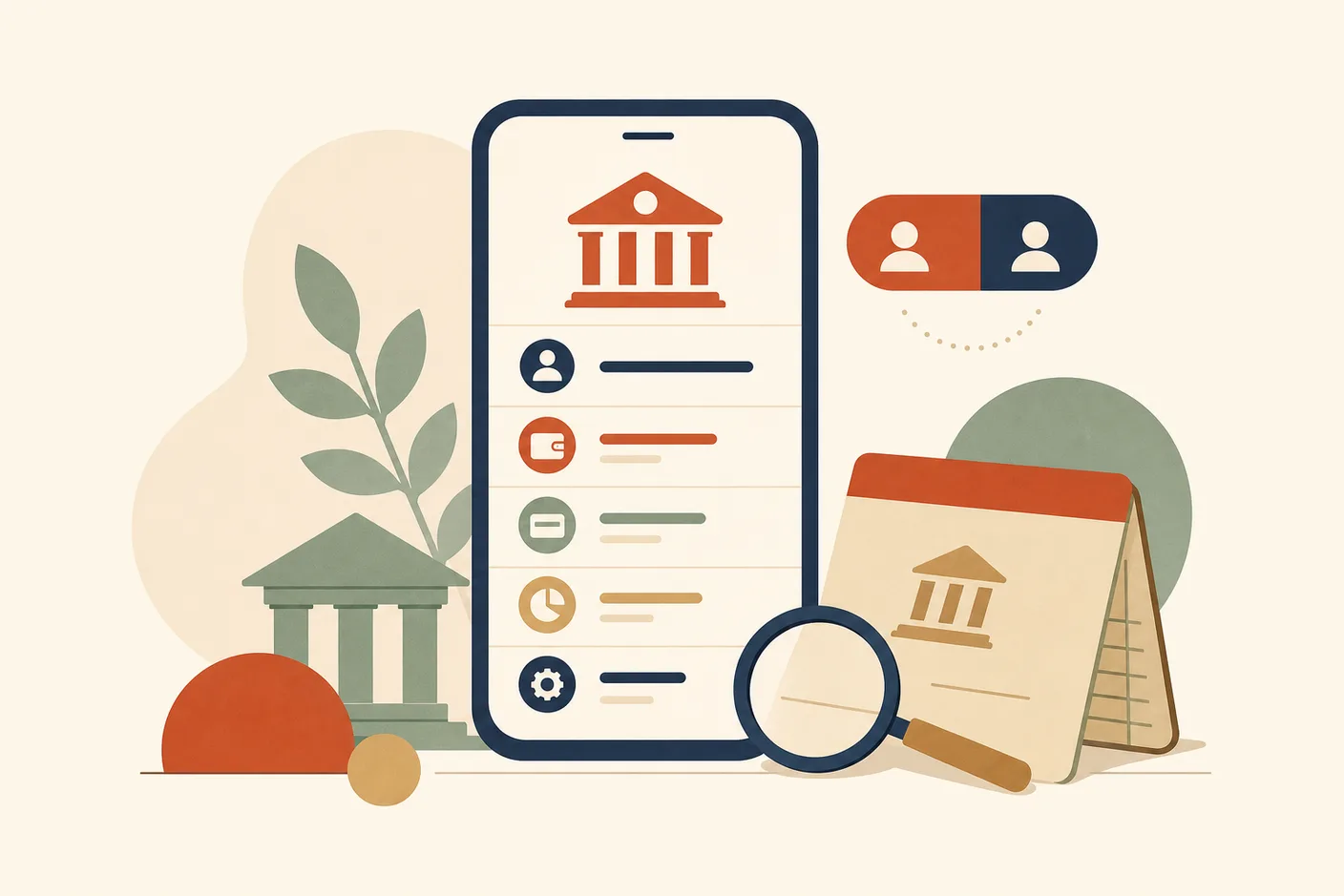 Illustration of a phone showing a banking menu beside a small language toggle switch, a bank passbook and a magnifying glass resting nearby