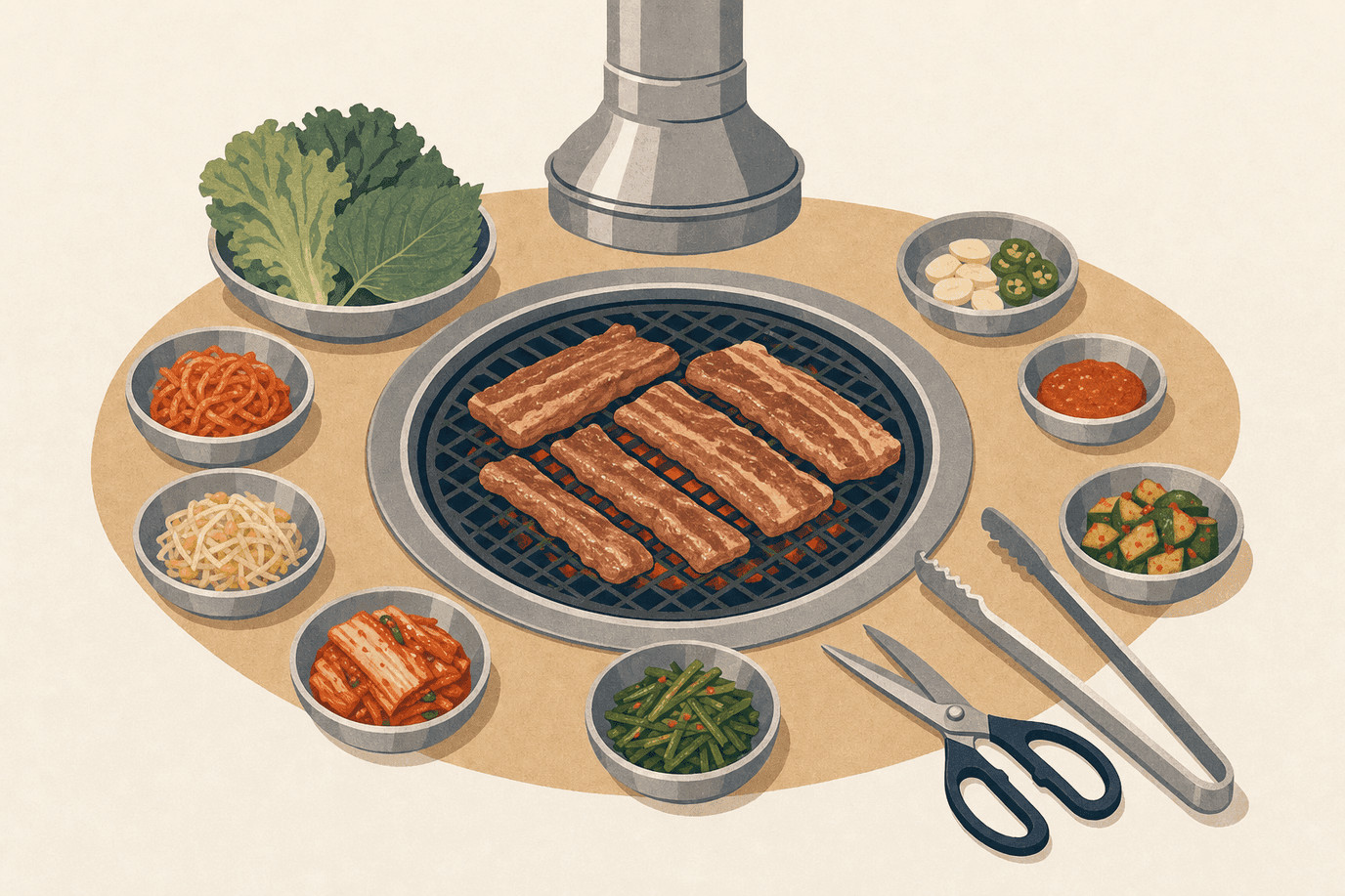 Illustration of a Korean BBQ tabletop grill with tongs and side dish bowls