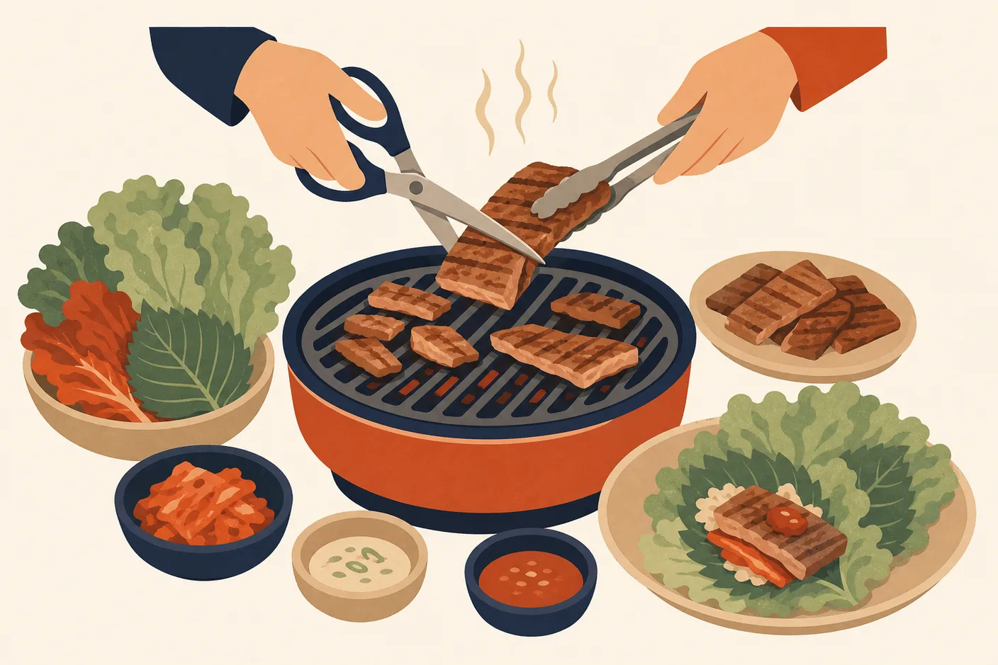 Illustration of kitchen scissors cutting grilled meat over a tabletop grill, lettuce wraps and dipping sauces around it