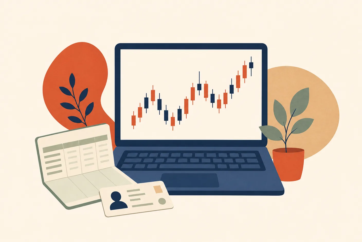 Illustration of a laptop showing a candlestick chart with a passbook and an ID card lying beside it