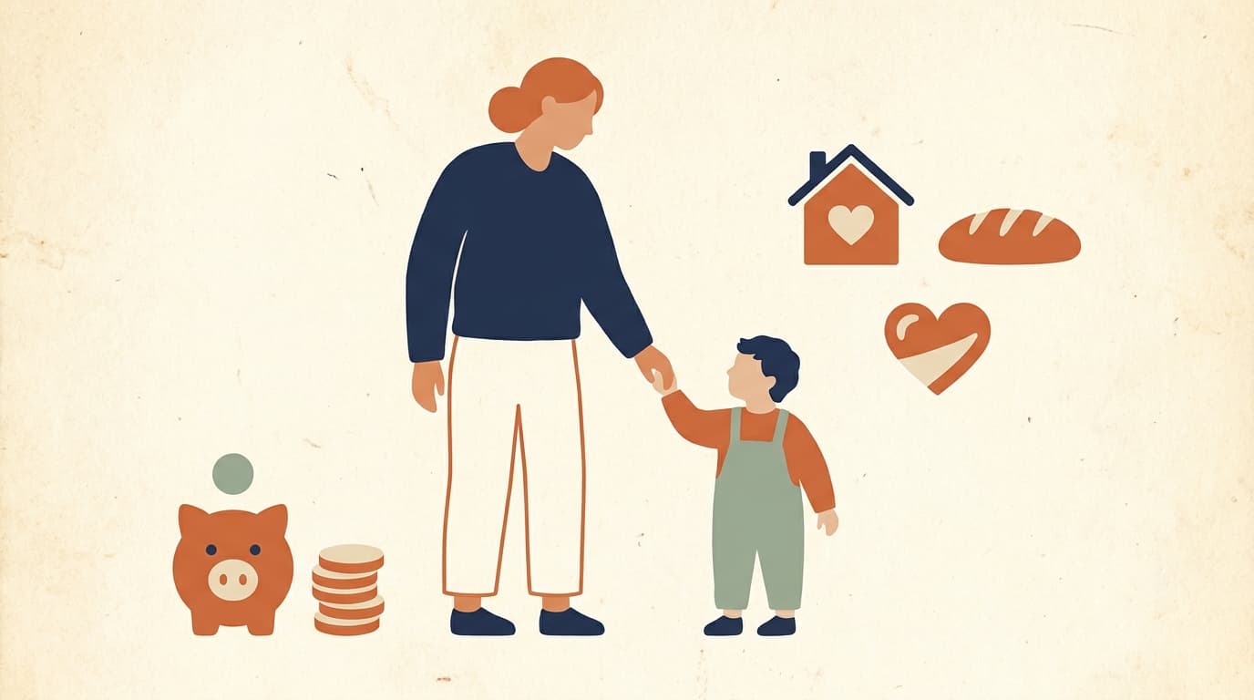 Illustration of a parent holding a child's hand beside a piggy bank and home icons