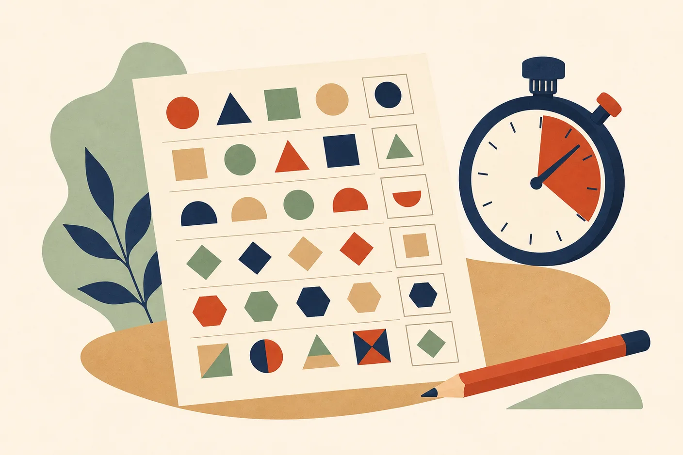 Illustration of an answer sheet covered in geometric puzzle shapes with a stopwatch ticking beside it