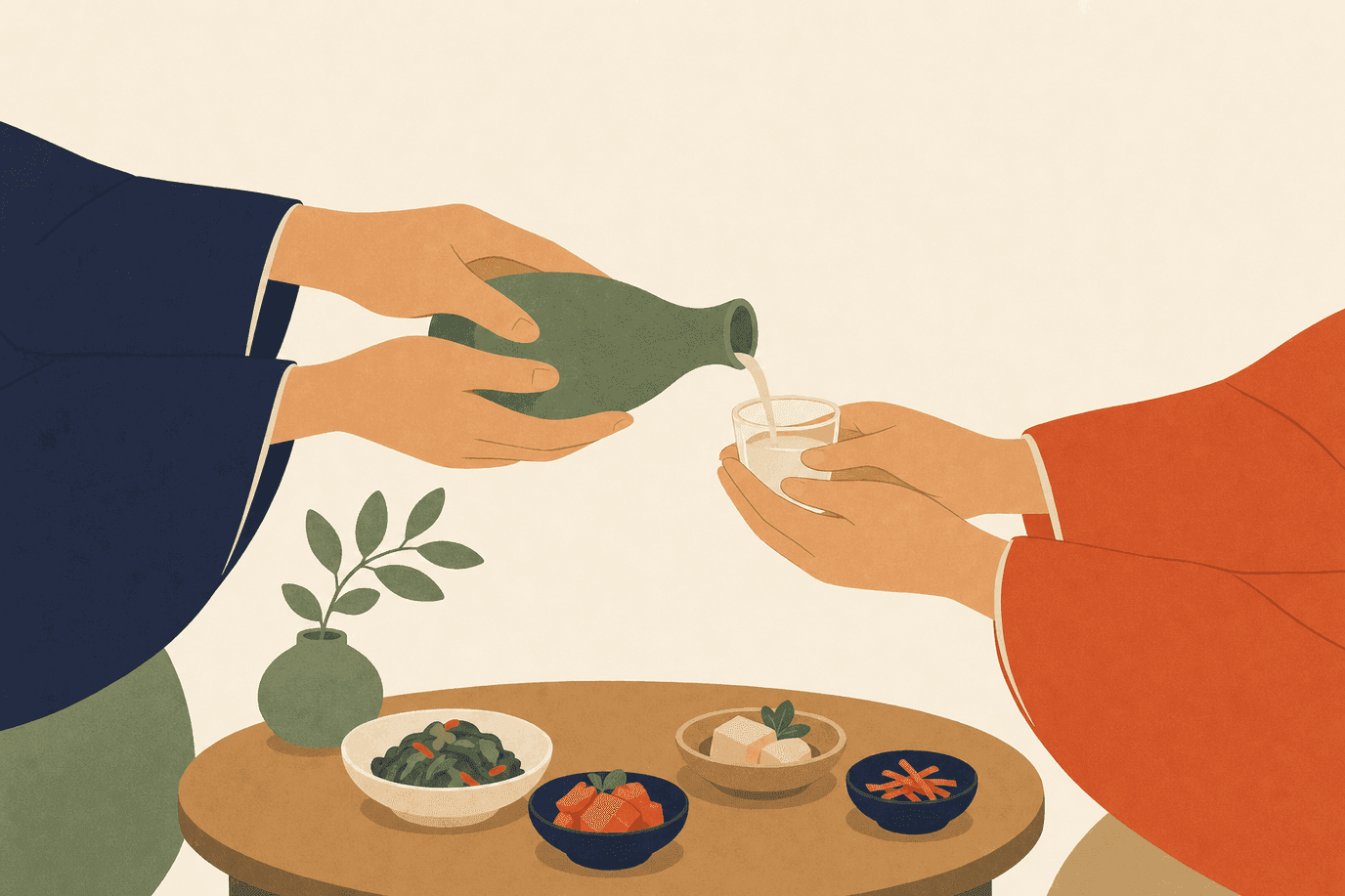 Illustration of a drink being poured and received with two hands in the Korean custom