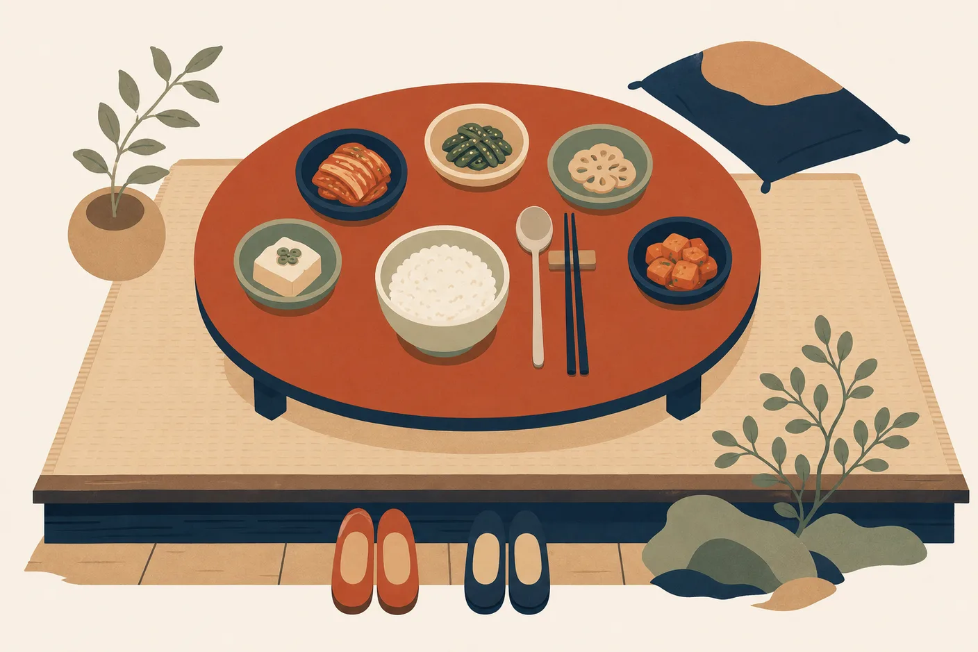 Illustration of an overhead low dining table with a rice bowl, a metal spoon and chopsticks laid on a rest, small side-dish plates circling it, and a neatly aligned pair of shoes at the edge of a raised floor