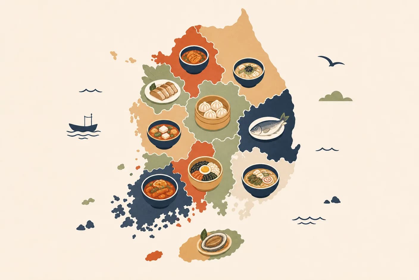 Illustration of a map of Korea with food icons pinned across its regions: bowls, fish, dumplings, and noodles