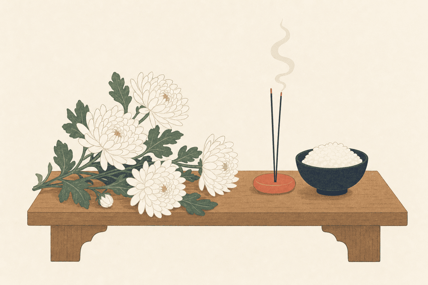Illustration of white chrysanthemums, incense, and a rice bowl on a low table