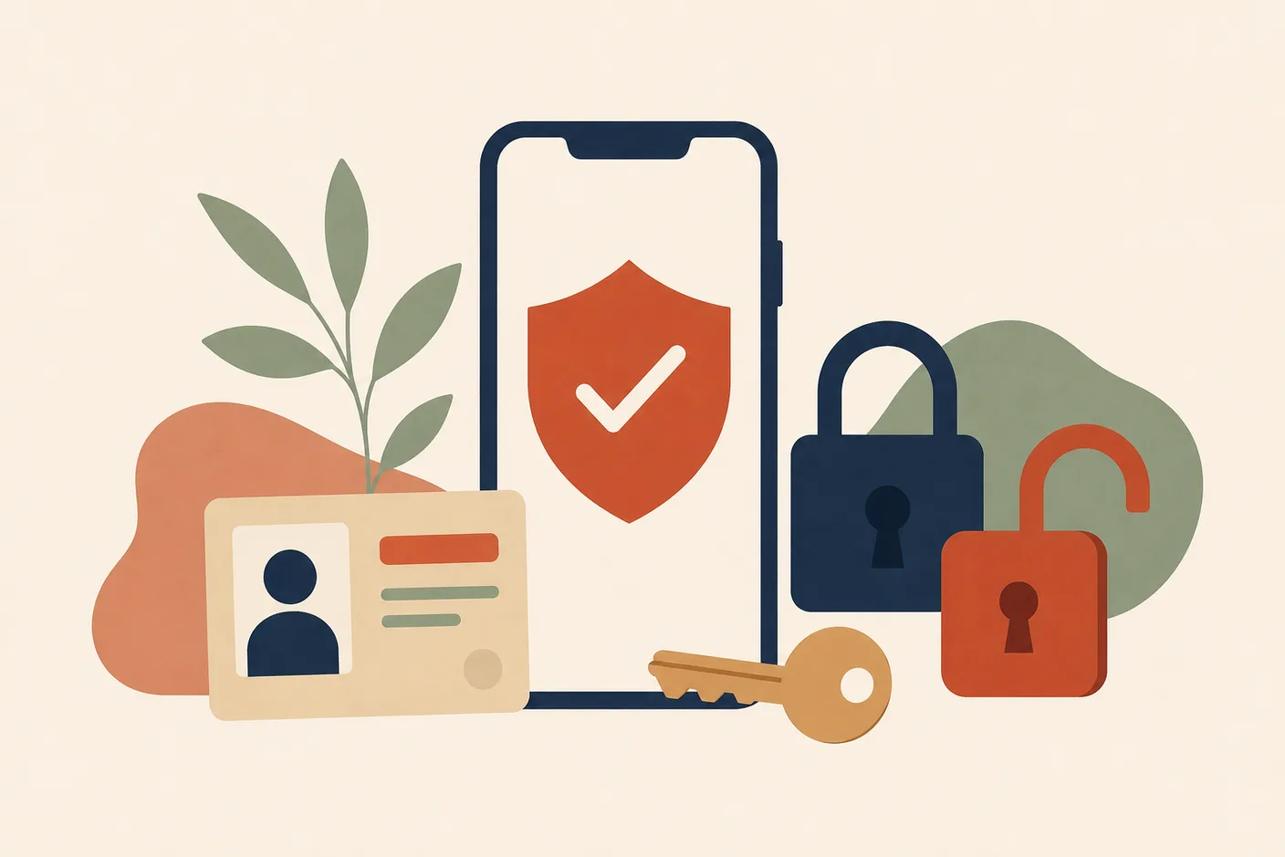 Illustration of a smartphone screen showing a shield with a checkmark, an identity card and a key resting beside it, one padlock open and one closed