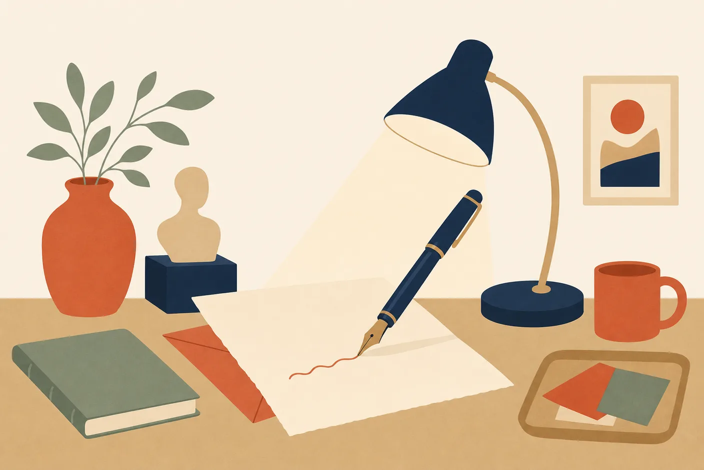 Illustration of a fountain pen writing on a letter page lit by a soft desk lamp spotlight