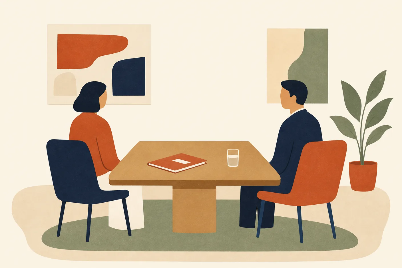 Illustration of two chairs facing a table across an interview room, a folder and a glass of water on the table, a small potted plant in the corner