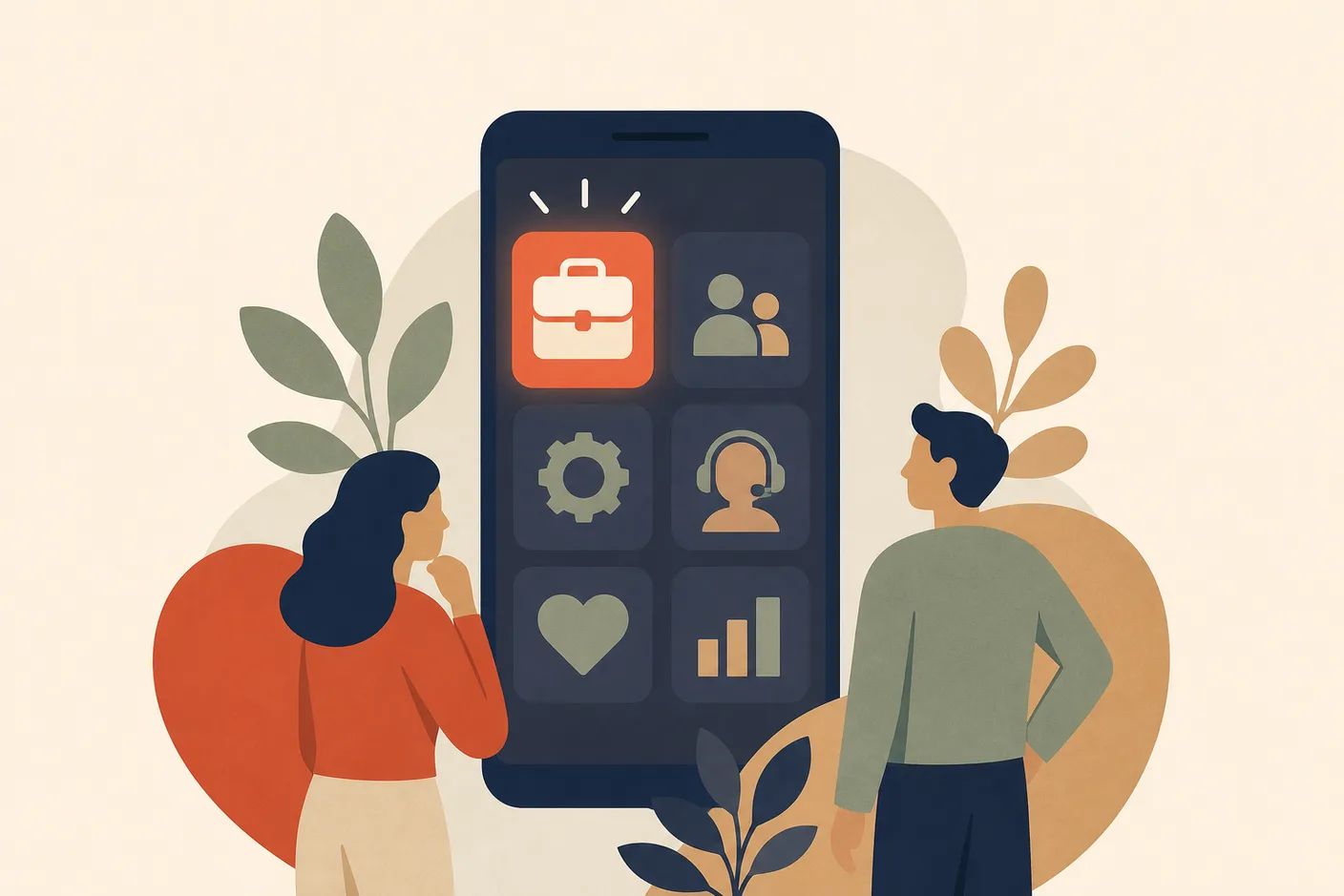 Illustration of a smartphone with several job app tiles, one glowing bright while the others sit dim