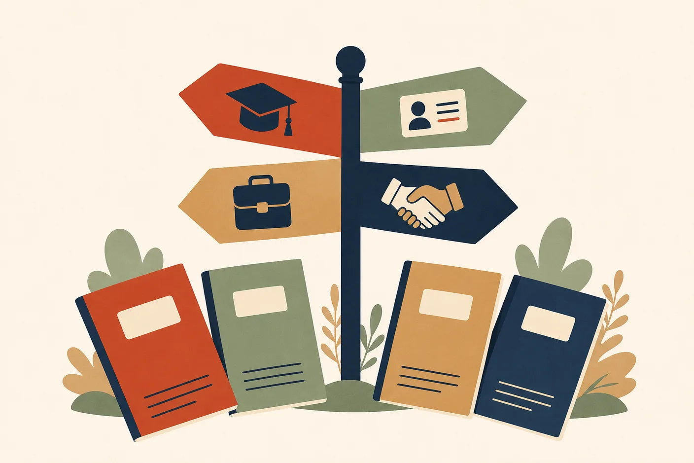 Illustration of four small exam booklets fanned out around a signpost with arrows pointing in different directions, each arrow tipped with a different small icon: a graduation cap, an ID card, a briefcase, and a handshake