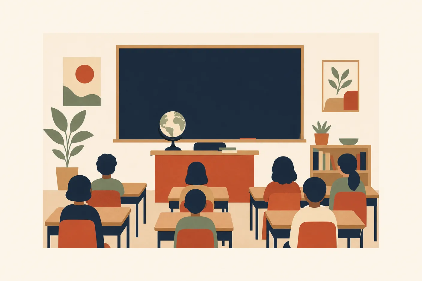 Illustration of a classroom with rows of desks facing a blank blackboard, a globe on the teacher's desk