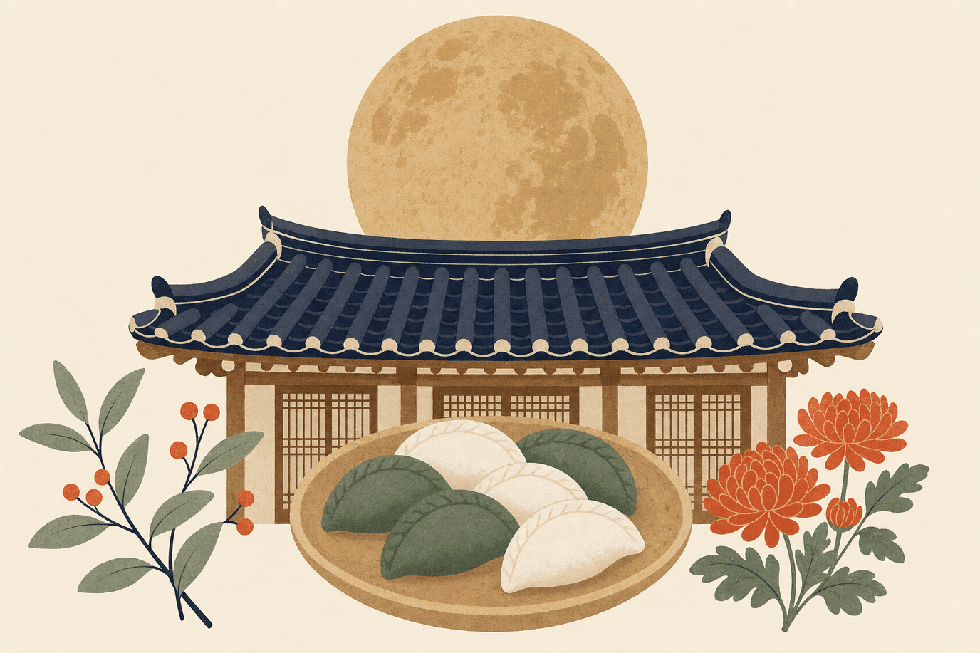 Illustration of a full moon over a hanok roof with half-moon rice cakes