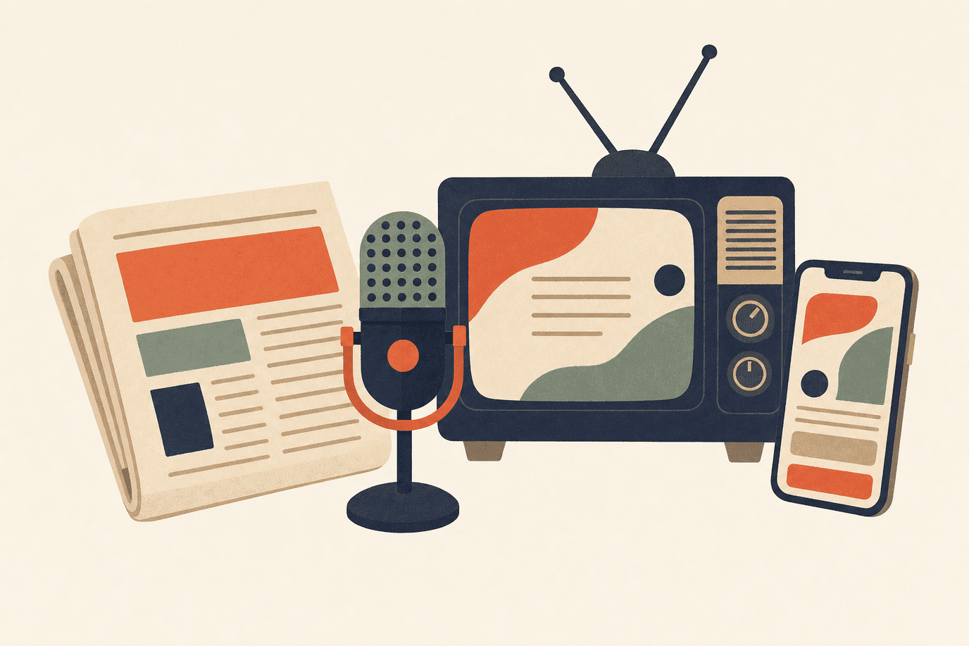 Illustration of a newspaper, television, smartphone, and microphone representing Korean media