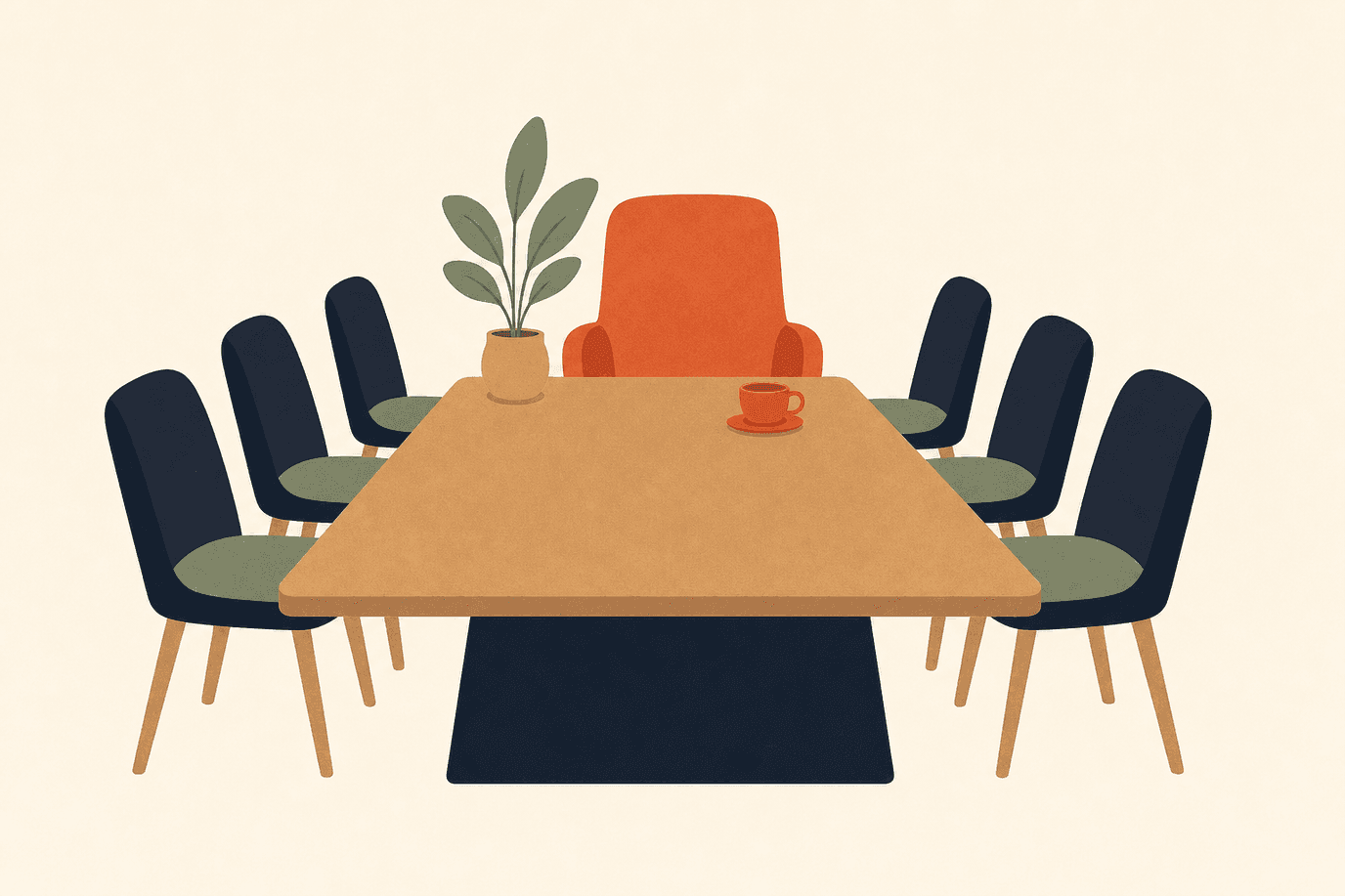 Illustration of a meeting table with chairs shrinking in size away from the head seat