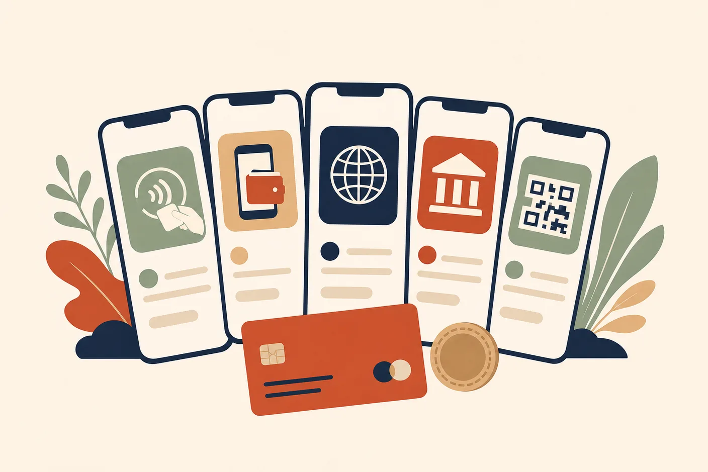 Illustration of several phone screens fanned out side by side, each showing a different payment tile, a single card and a coin resting in front of them