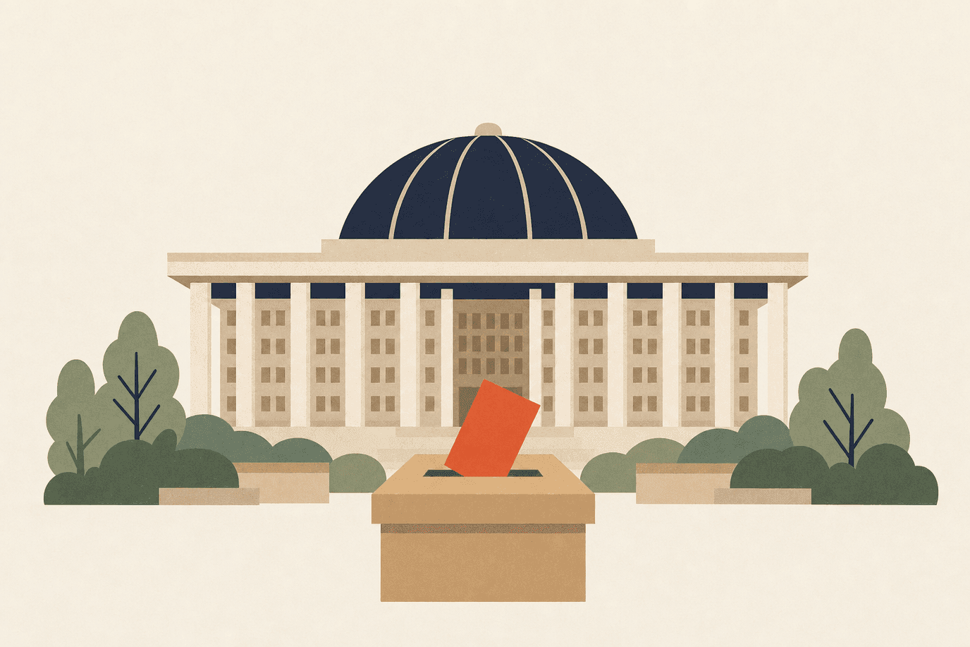 Illustration of the National Assembly dome with a ballot dropping into a ballot box