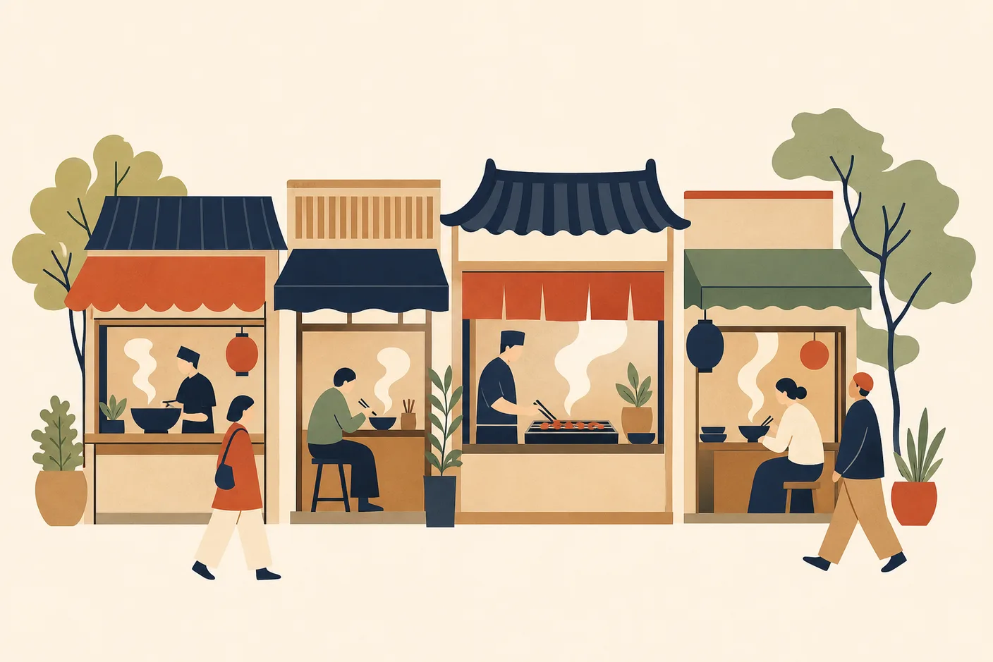 Illustration of a street of small restaurant storefronts with different awnings, steaming bowls and a tabletop grill visible in the windows