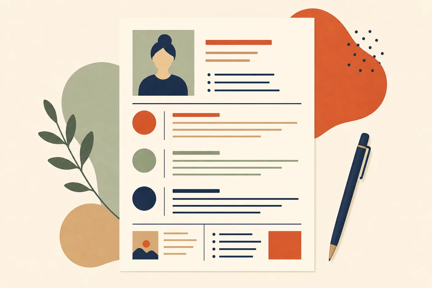 Illustration of a resume page with a photo placeholder and tidy ruled sections, a pen resting beside it