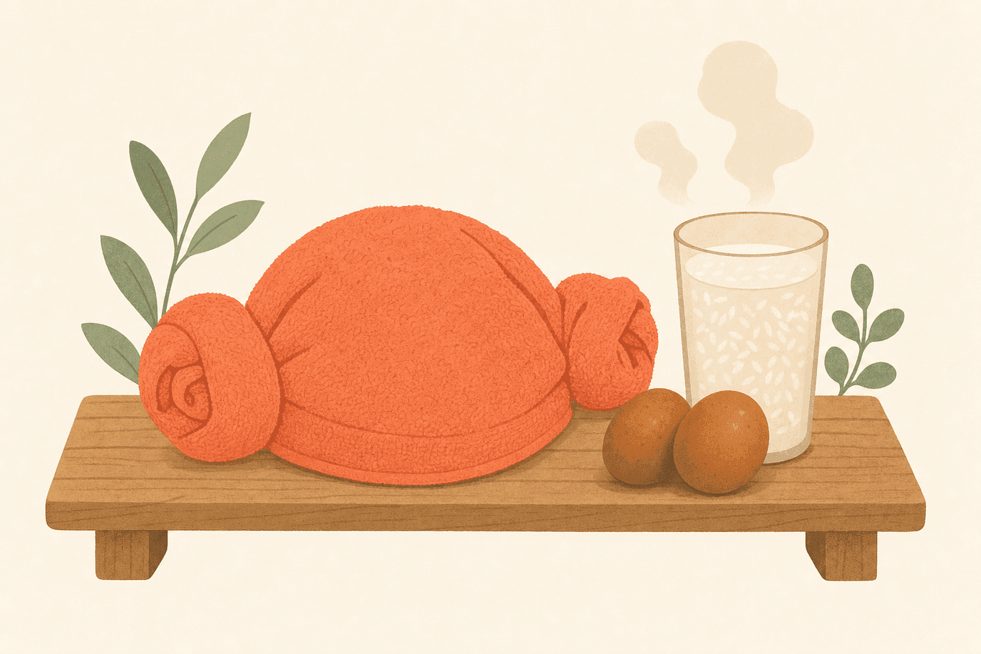Illustration of a Korean sauna sheep towel hat, baked eggs, and sweet rice drink